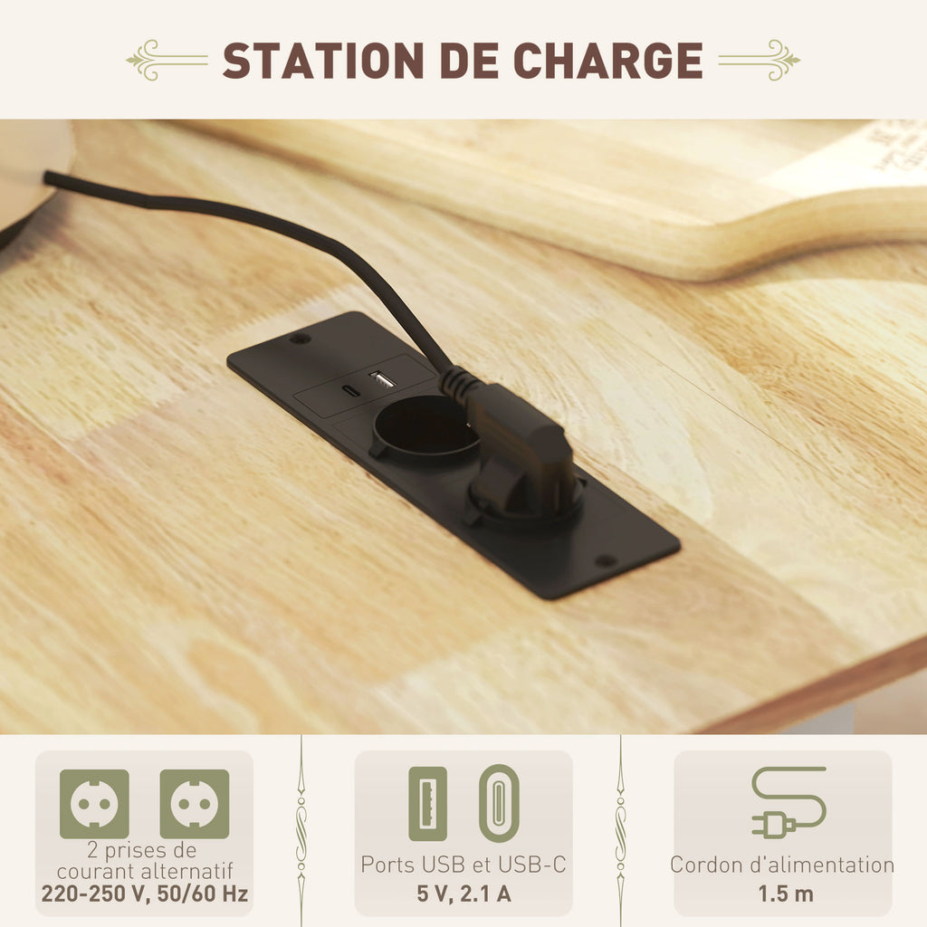 Îlot central cuisine mobile avec prise de courant et port USB, tablette à abattant, étagère réglable blanc-4