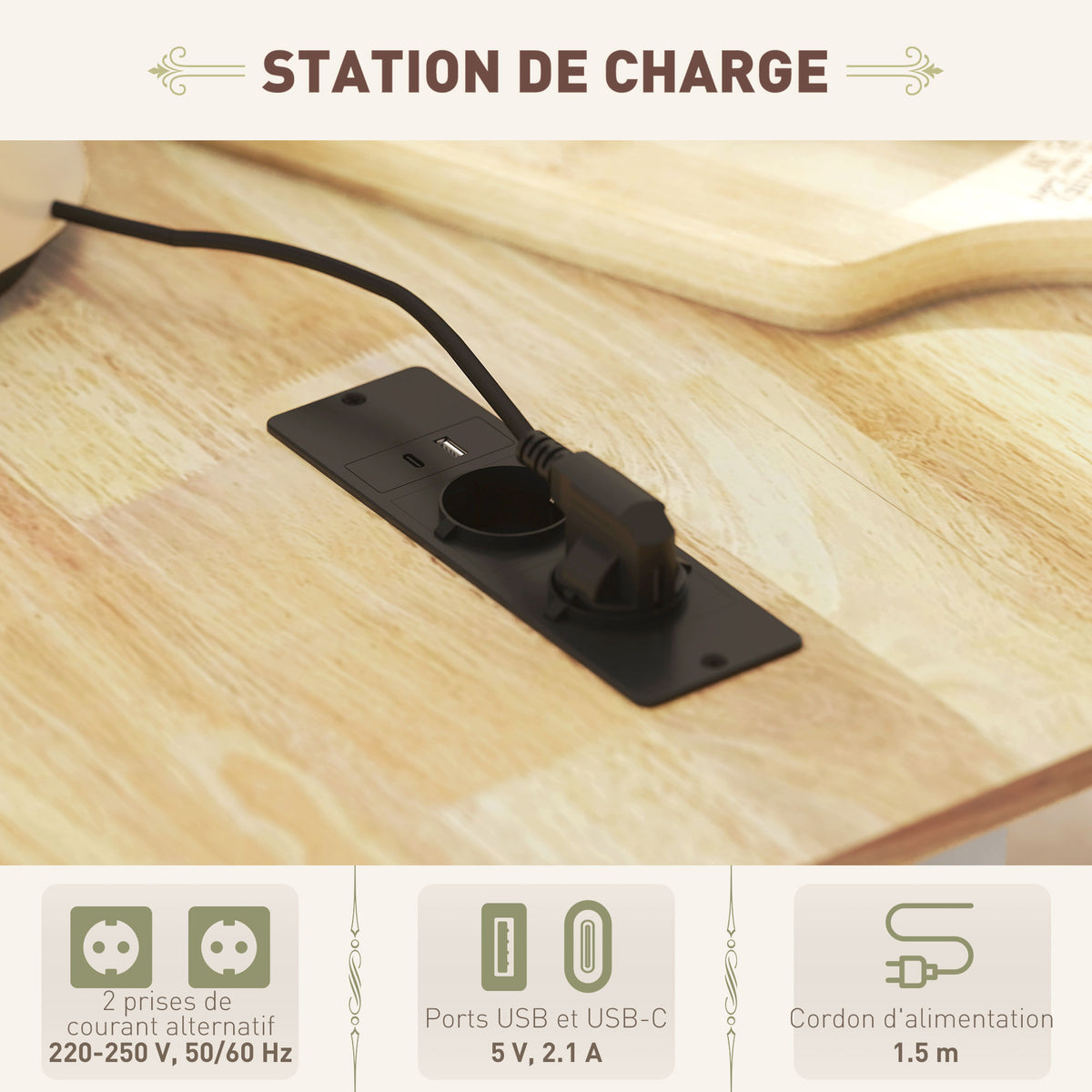 Îlot central cuisine mobile avec prise de courant et port USB, tablette à abattant, étagère réglable blanc-4
