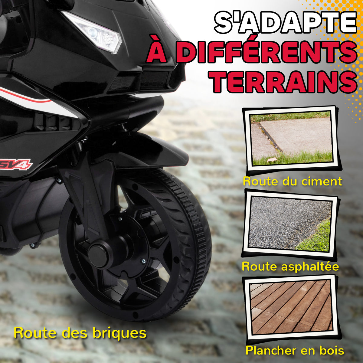 Moto électrique enfants, moto à batterie 6 V avec effets lumineux et sonores, roues d'entraînement, 75x36x49cm, noir-5