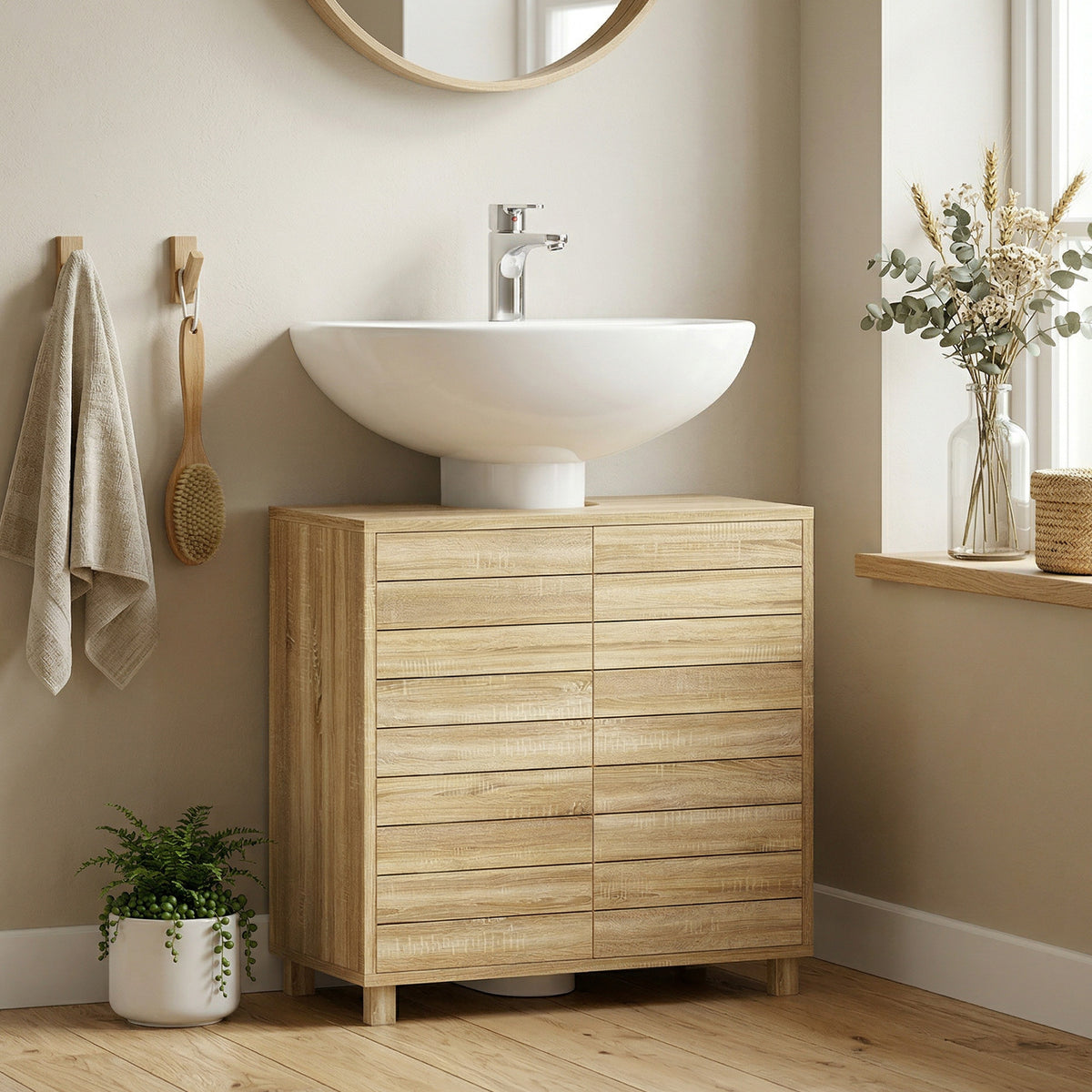 Meuble sous Lavabo, Découpe en Forme U, Portes à Lattes, Étagère Réglable, Ouverture par Pression, 60x30x60cm, Naturel-1