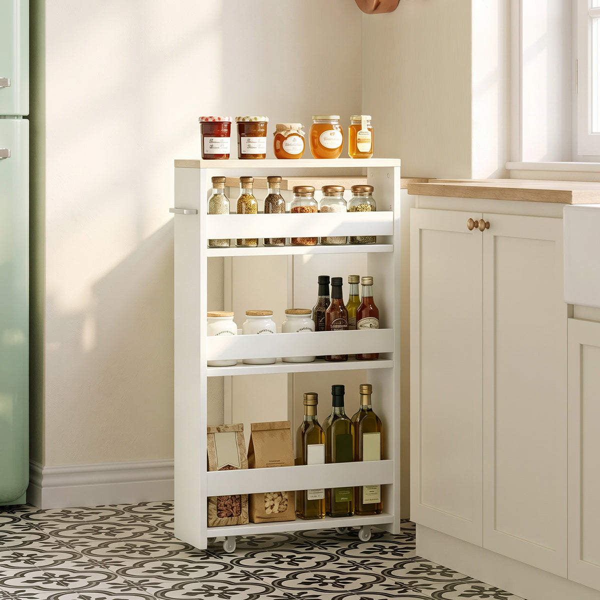 Chariot de rangement à 3 niveaux chariot de stockage étagère sur roulettes pour cuisine étroite salle de bain buanderie bureau avec poignée - 48 x 15 x 80 cm blanc-9