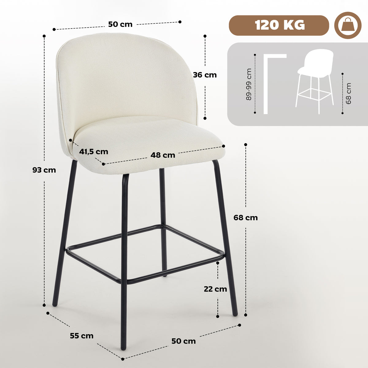 Lot de 2 Tabourets de Bar, Chaises de Bar, Repose-Pieds et Dossier, Tissu Effet Lin, Hauteur d'Assise 68cm, Crème-2