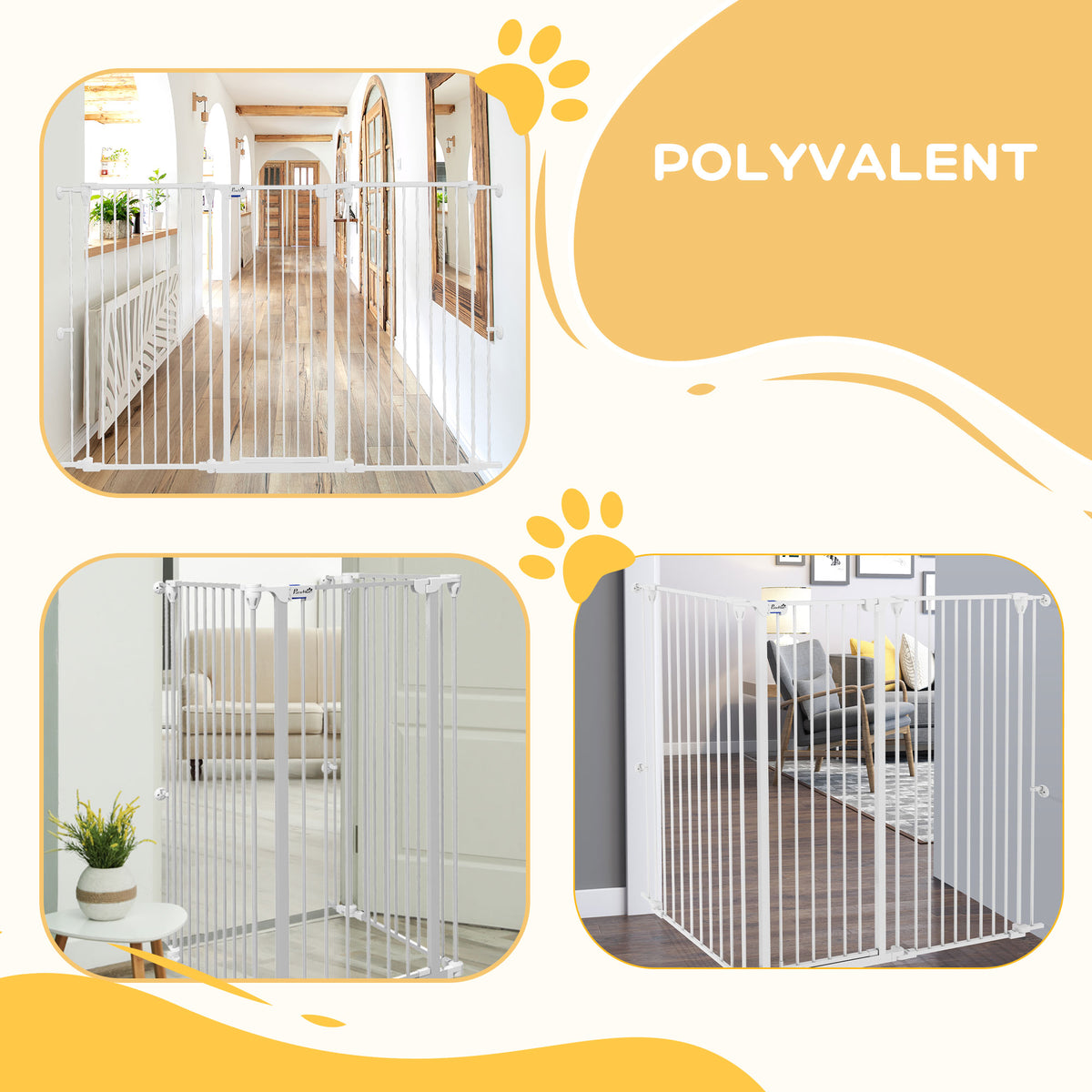 Barrière pour chien en acier à 3 panneaux pliante double verrouillage et porte intégrée pour porte et escalier blanc-3