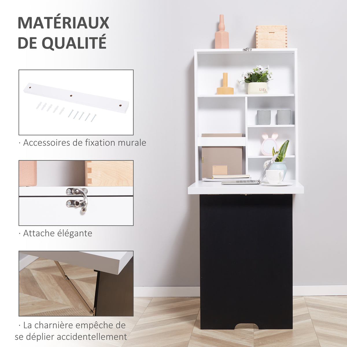 Bureau Mural Pliable Table Murale Rabattable Suspendue sur Pied étagère + Tableau à Craie intégré MDF Blanc-3