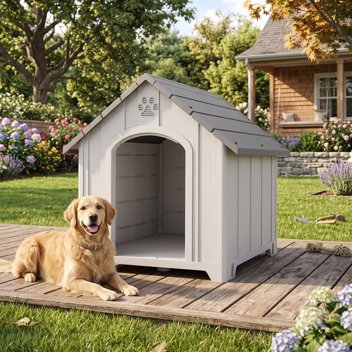 Niche pour chien extérieur, maison chien en polypropylène imperméable, ventilé, plancher surélevé, gris clair-9