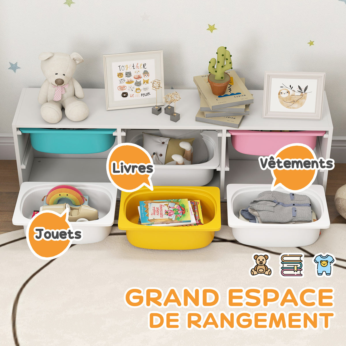 Meuble rangement enfant à 2 niveaux, étagère de rangement pour jouets enfants avec 6 bacs amovibles, 97x21x29cm, blanc-3