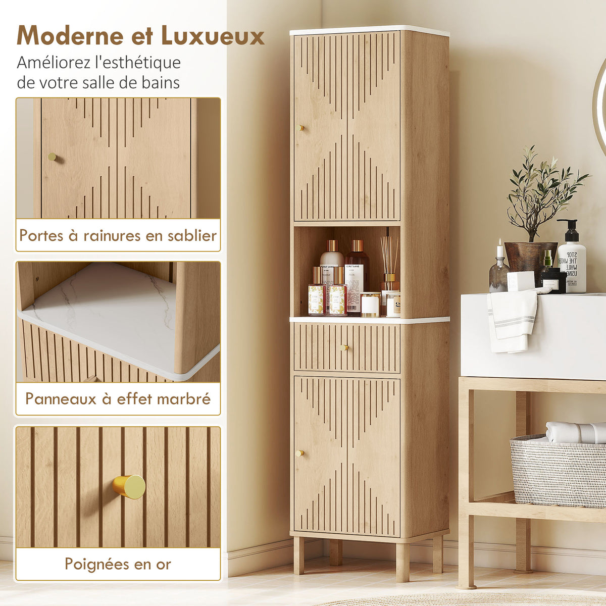 Armoire salle de bain haute meuble de rangement colonne avec tiroir coulissant silencieux 2 placards 41,5x30x168cm chêne-3