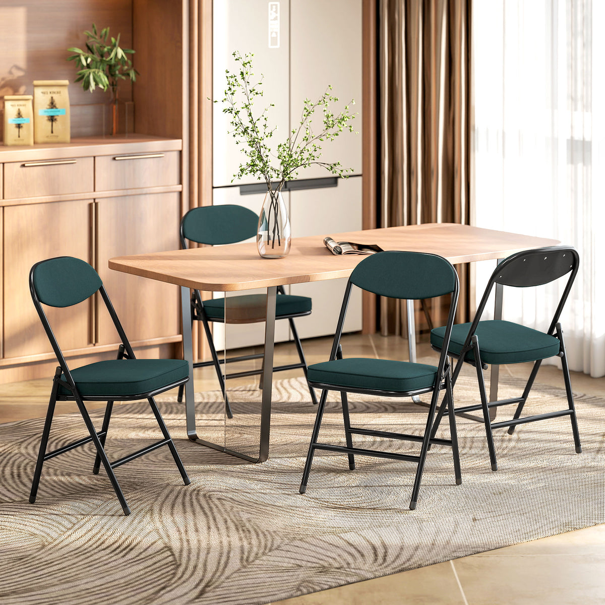 Lot de 4 chaises pliantes chaises de salle à manger portables avec assises et dossiers rembourrés en velours côtelé bleu-9
