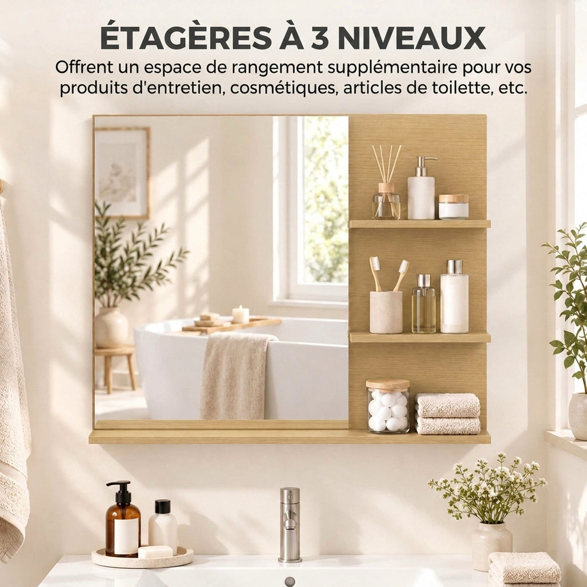 Miroir Salle de Bain avec 3 Étagères 60 x 48 cm, Miroir Mural Modern pour chambre à coucher, bureau, Chêne-4