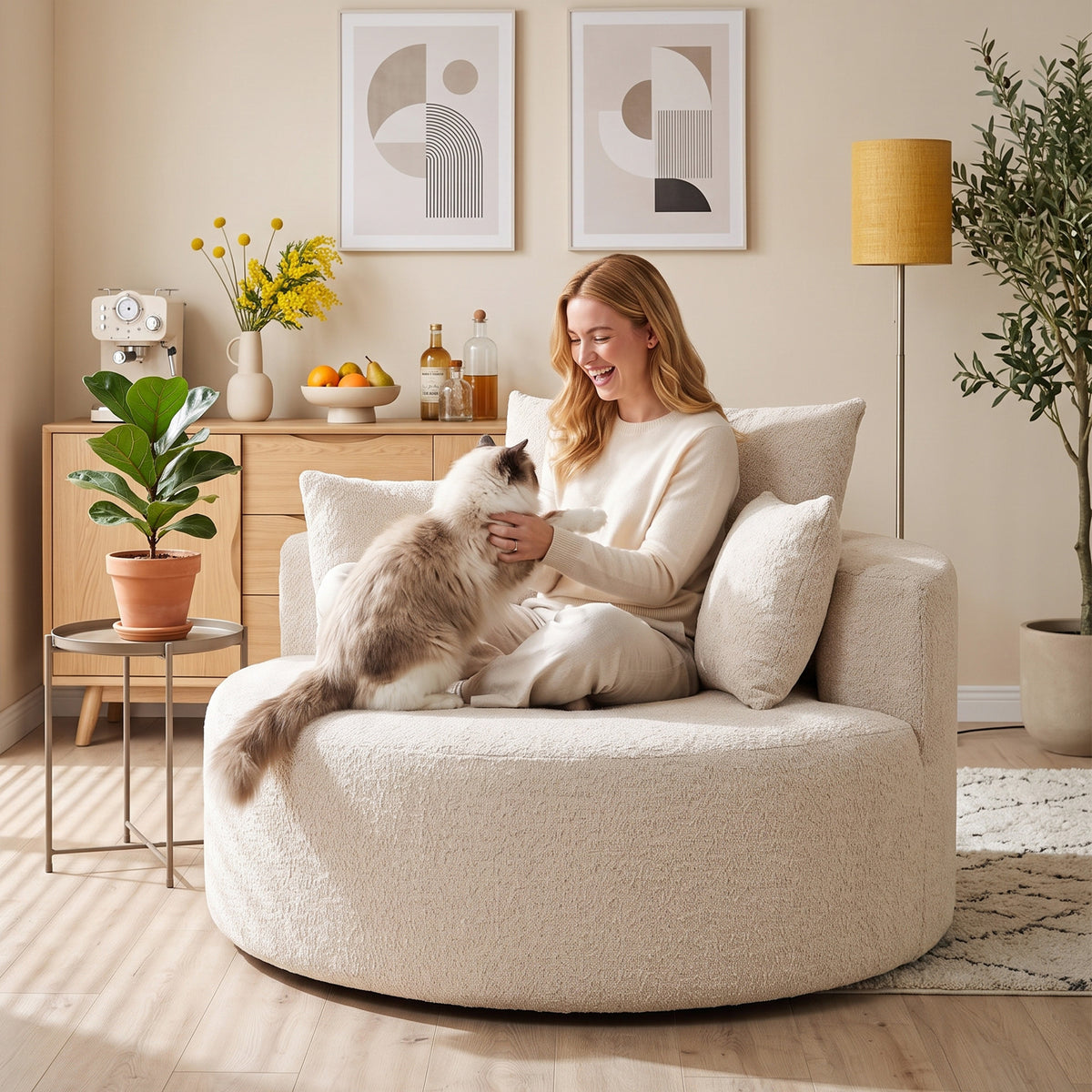 Pouf Canapé Rond en Chenille, Grande Assise, 2 Coussins, 1 Dossier, 1 Traversin, Charge 250kg, 130x130x82cm, Crème-8
