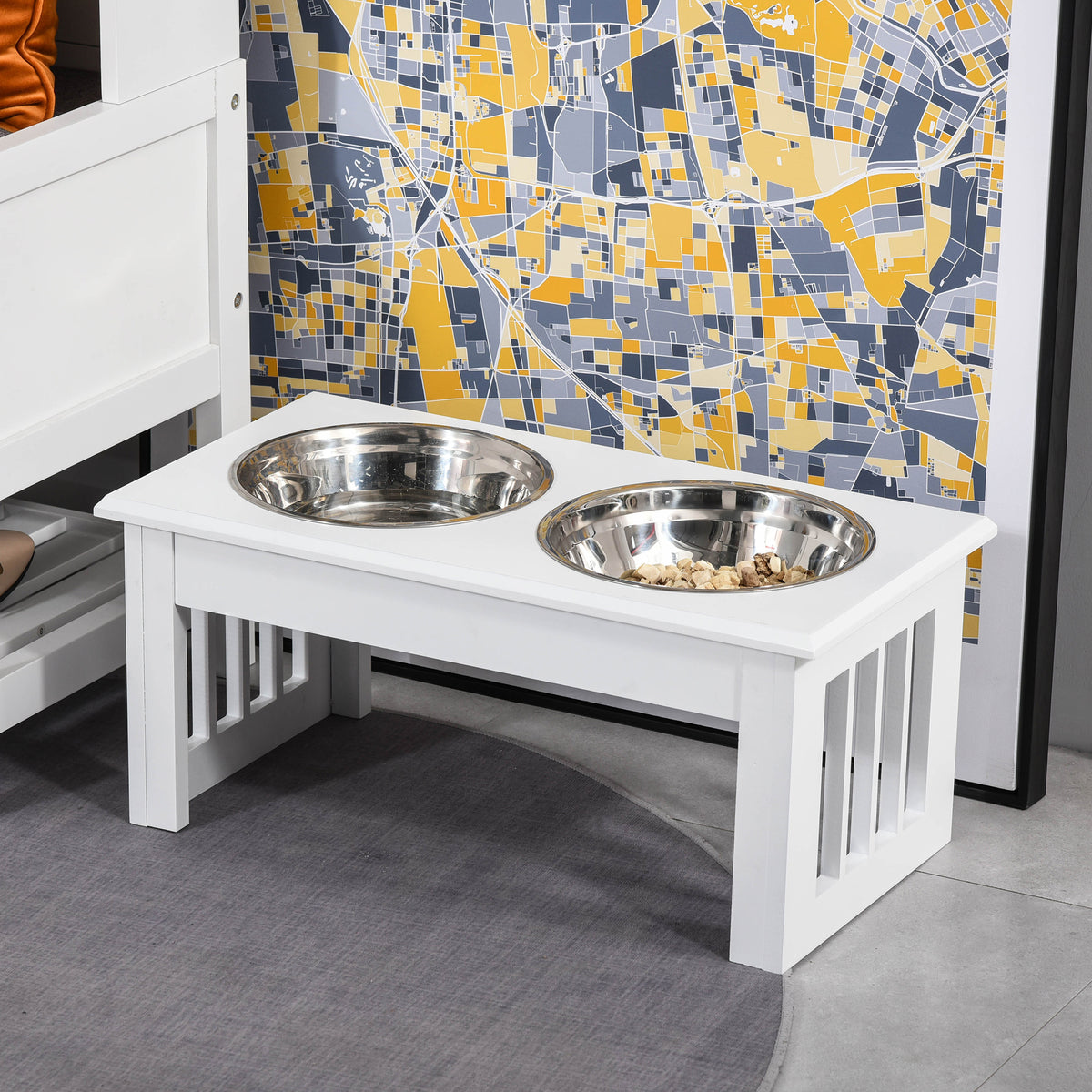 Gamelles chiens surélevées gamelle double chien chat Porte-gamelles surélevé dim. 44L x 24l x 15H cm 2 gamelles 0,9L acier inox. incluses bois blanc-9