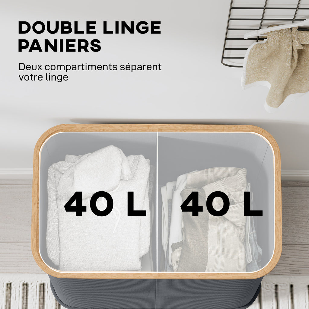 Panier à linge double pliable 80 L corbeille à linge sale avec couvercle, poignées rainurées, gris-3