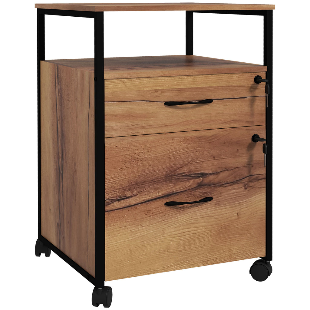 Caisson bureau mobile avec 2 tiroirs, meuble rangement bureau sur roulettes avec barres pour dossiers, marron-0