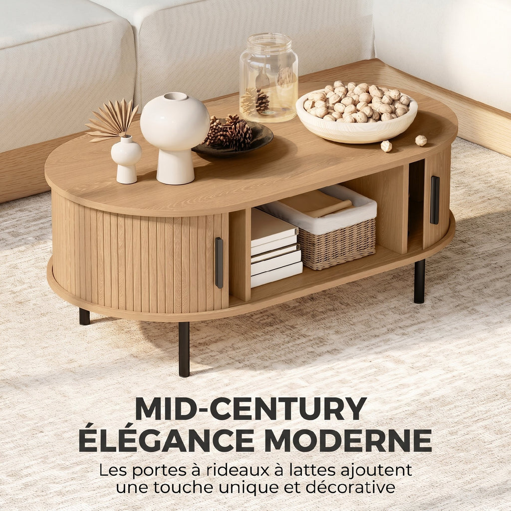 Table basse ovale en bois, table de salon moderne avec portes coulissantes et rangement caché, 100x55x40cm, bois naturel-3