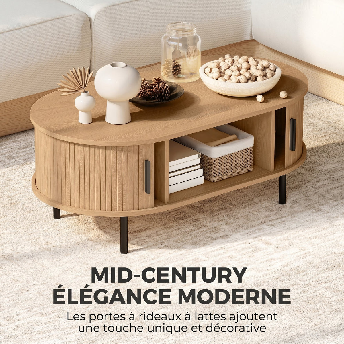 Table basse ovale en bois, table de salon moderne avec portes coulissantes et rangement caché, 100x55x40cm, bois naturel-3