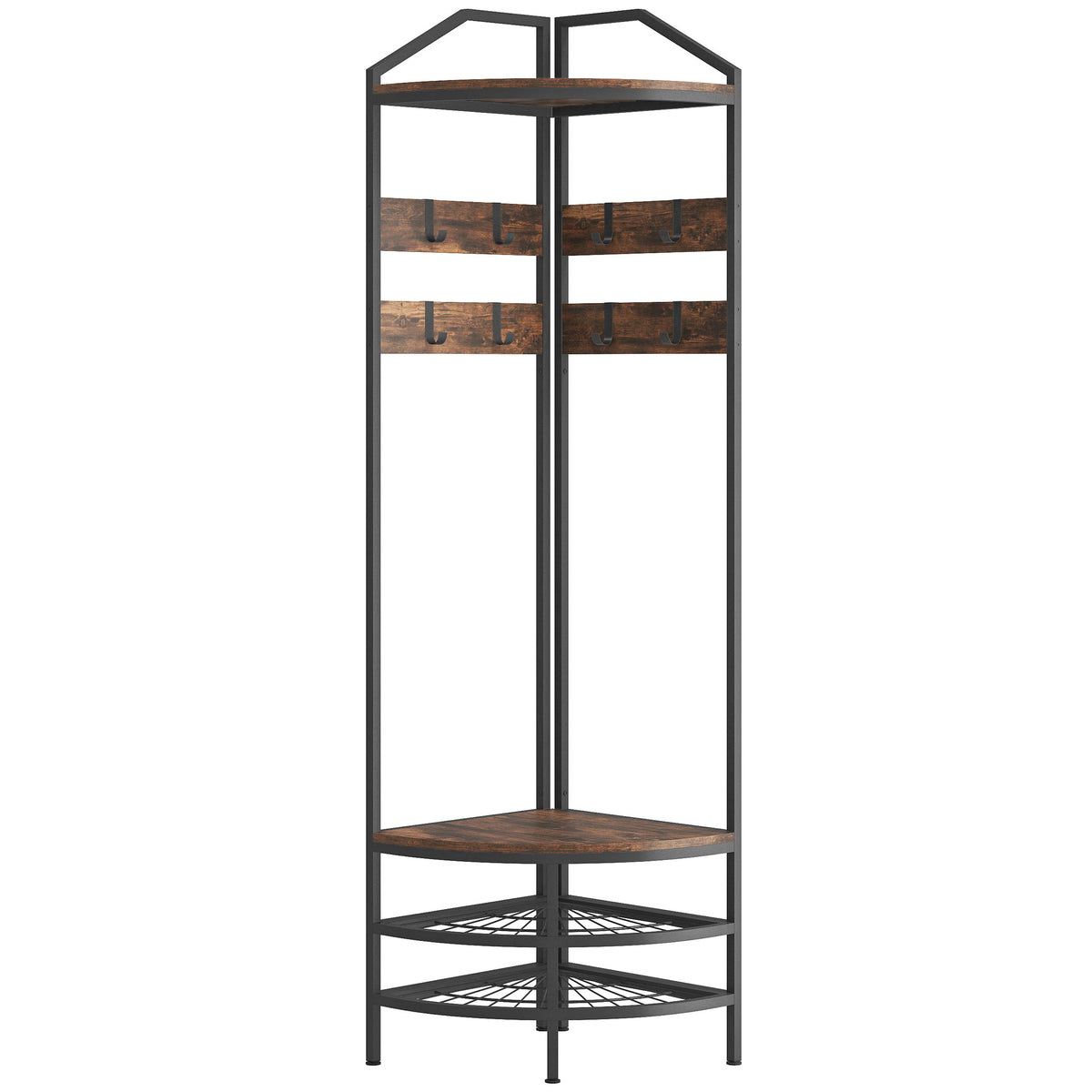 Meuble d'entrée d'angle, vestiaire à 4 niveaux, rangement pour chaussures, 8 patères mobiles, 2 étagères, brun rustique-0