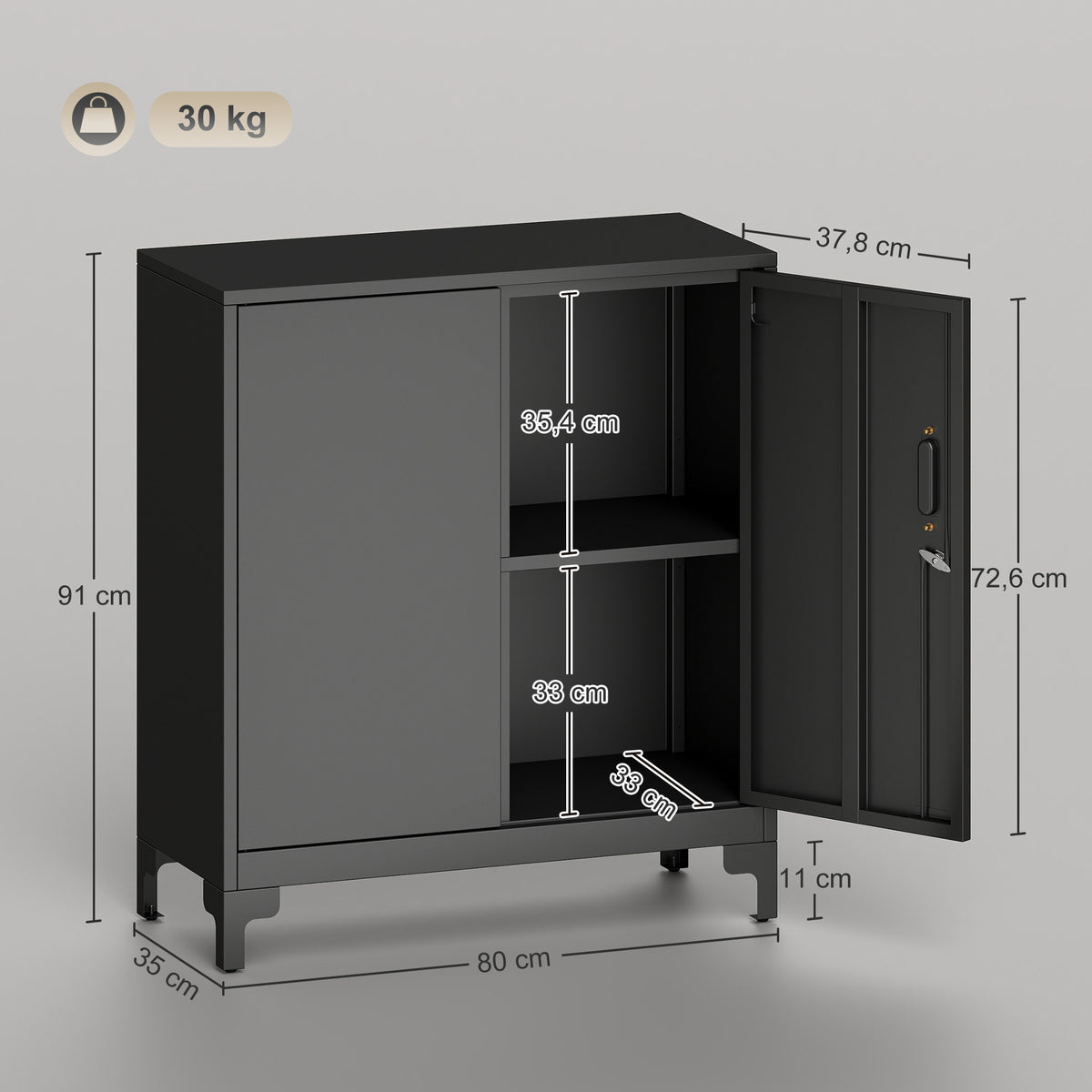 Armoire de bureau à 2 niveaux, meuble de rangement bureau métallique avec 2 portes verrouillables, 80 x 35 x 91 cm, noir-2