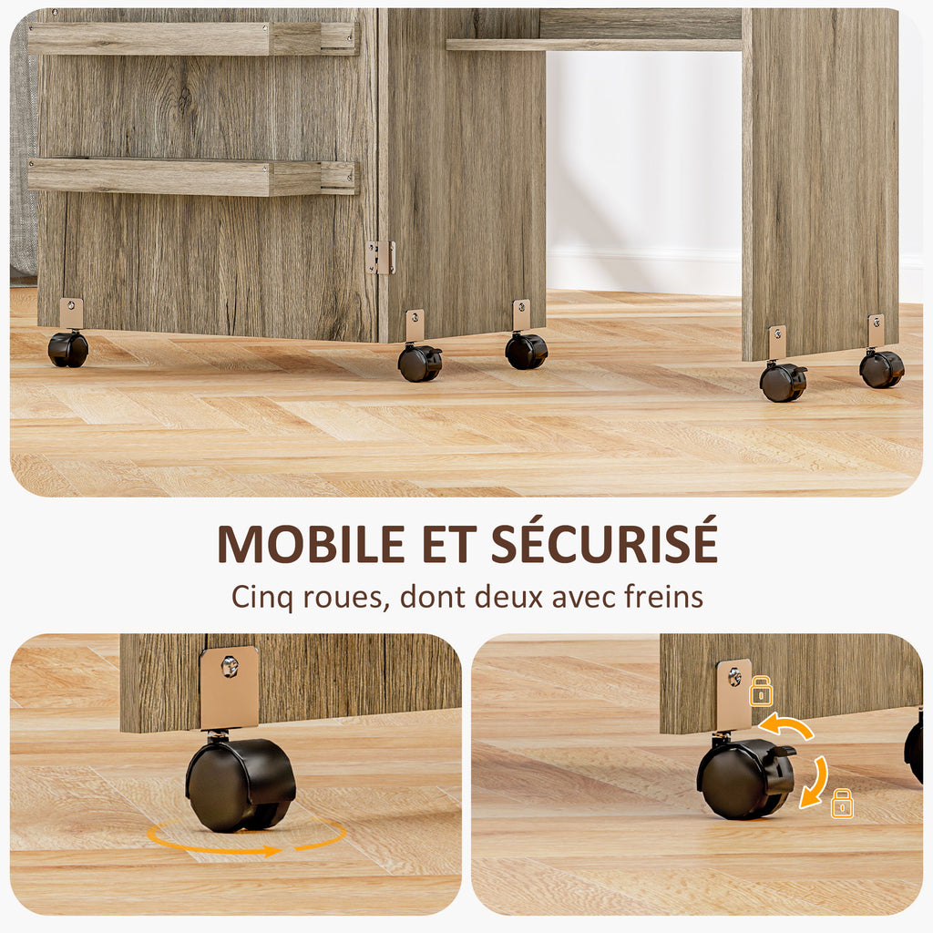 Table de couture pliante meuble couture à abattant avec bacs de rangement, étagère ouverte et roulettes effet bois grisé-6