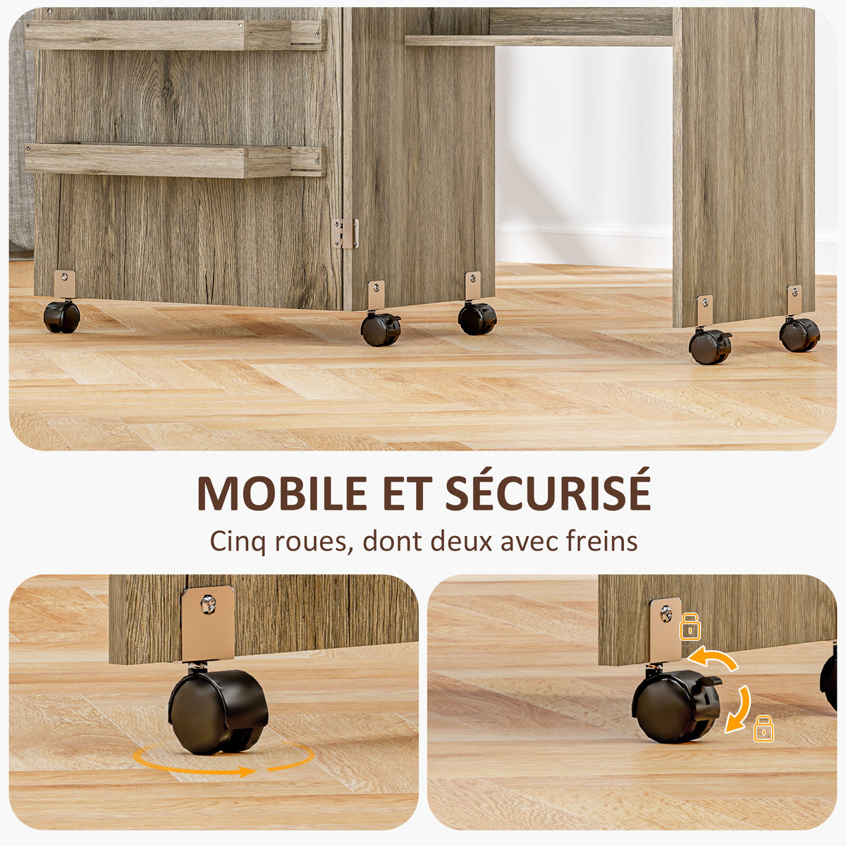 Table de couture pliante meuble couture à abattant avec bacs de rangement, étagère ouverte et roulettes effet bois grisé-6