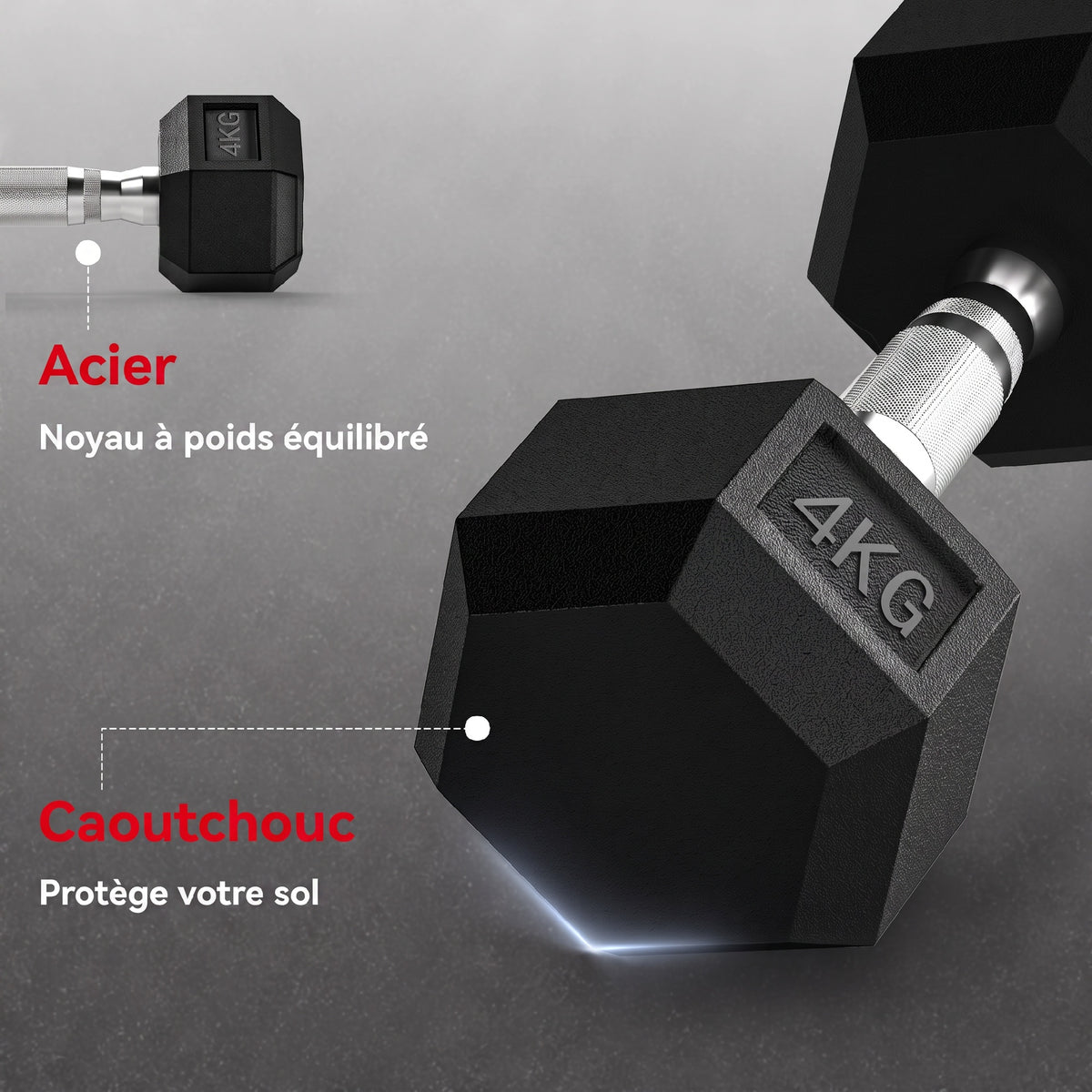 Ensemble d'haltères courtes, lot de 2 haltères hexagonaux recouverts de caoutchouc, acier noir-5