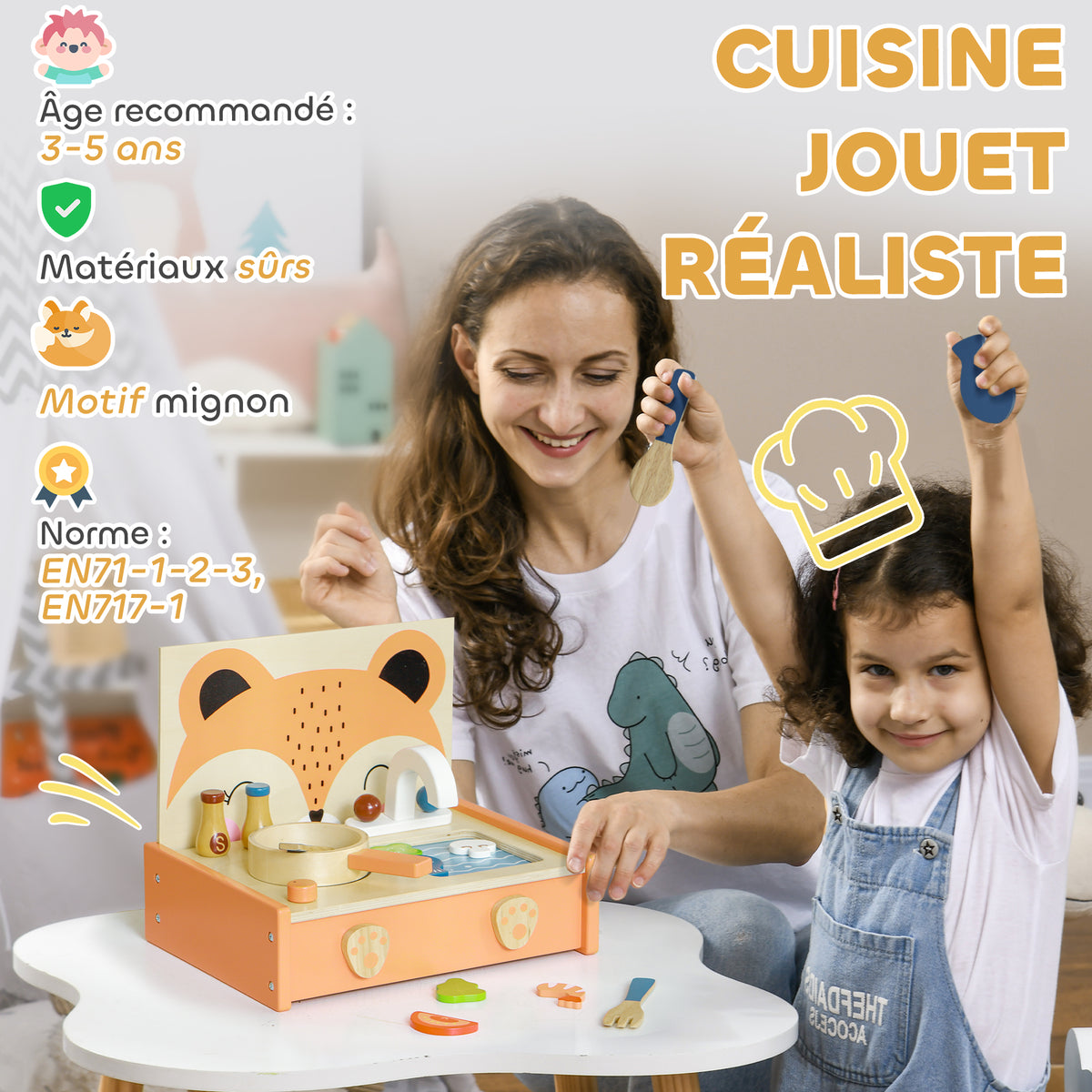 Mini-cuisine en bois jouet enfant avec 12 accessoires poêle spatule condiments fruits légumes - pour 3-5 ans --3