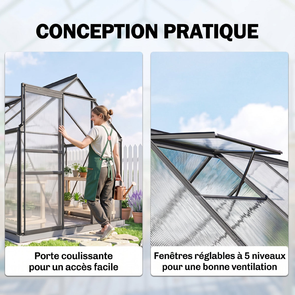 Serre de jardin en aluminium polycarbonate avec fondation, serre avec fenêtre réglable porte coulissante 190x375x199cm-4