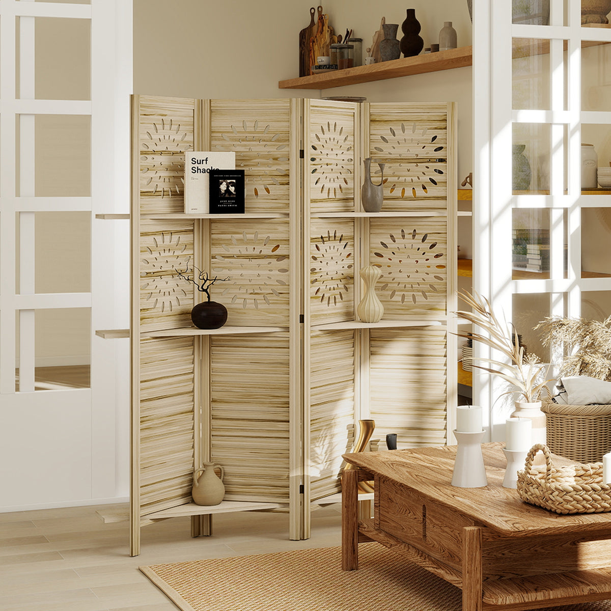 Paravent intérieur 4 panneaux et 3 étagères, 160 x 170 cm, séparateur de pièce pliable, bois de paulownia, bois naturel-1
