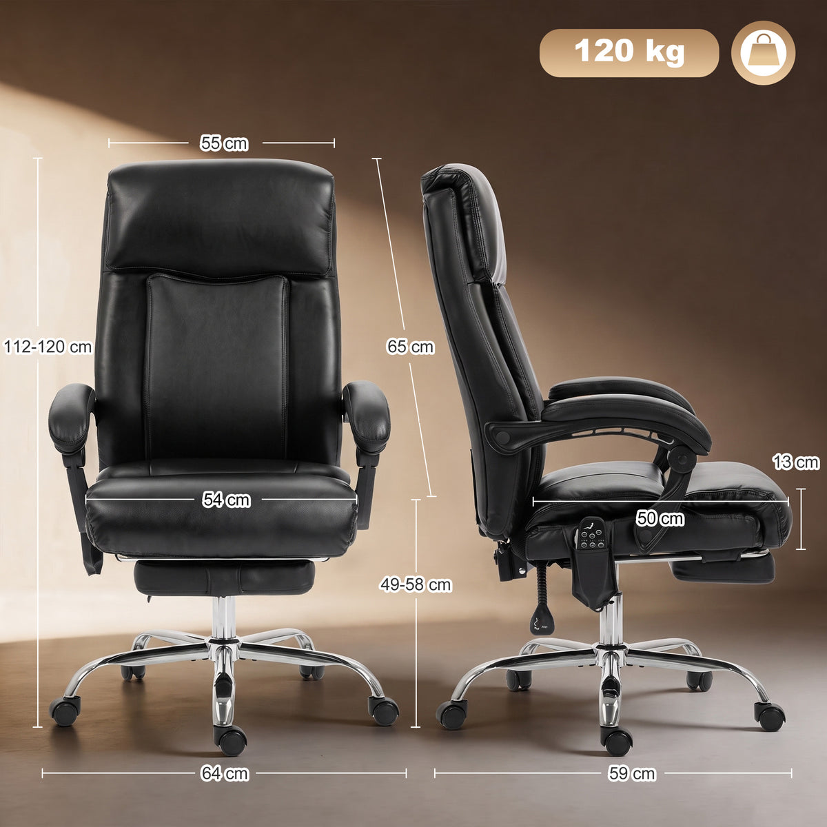 Fauteuil de Bureau Massant Vibrant et Chauffant, Chaise Bureau Ergonomique en PU avec Hauteur Réglable, Noir-2