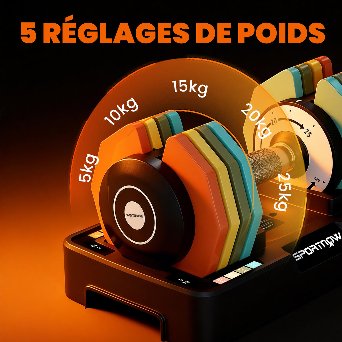 Haltère réglable 5 à 25 kg avec base de rangement 5 niveaux de poids, poignée antidérapante disques d'haltères octogones-3