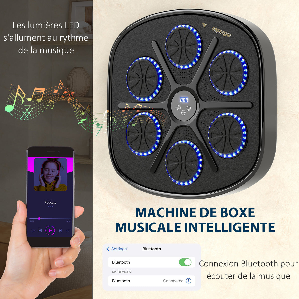 Machine de boxe musicale boxe mural musique avec 9 vitesses et modes Bluetooth gants de boxe 41,8 x 44,6 x 7,5 cm noir-4