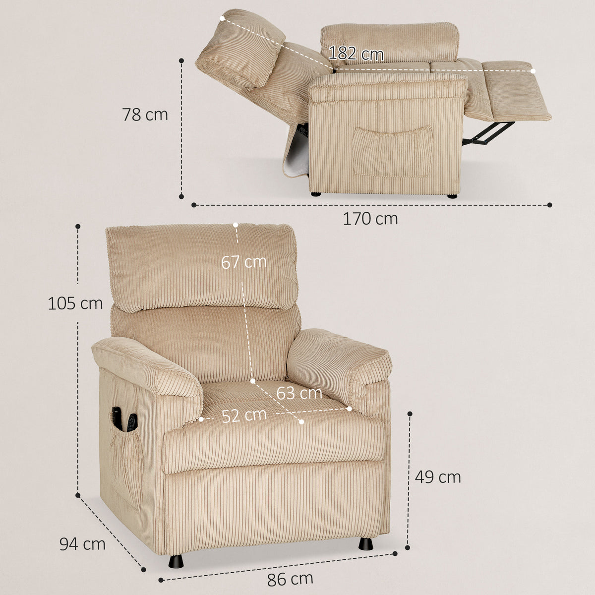 Fauteuil relax électrique massant et chauffant, fauteuil inclinable en velours côtelé, moteur ultra-silencieux, marron-2
