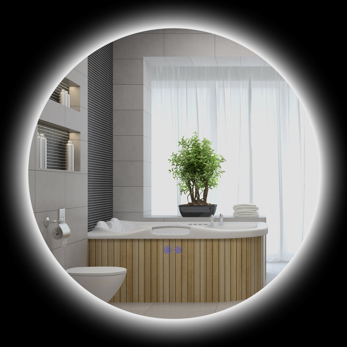 Miroir rond lumineux LED de salle de bain Ø 70 cm mural avec éclairage interrupteur tactile système antibuée  35 W gris-0