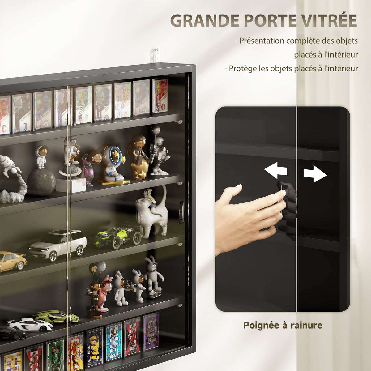Vitrine murale pour objets de collection 5 étagère réglables en hauteur et 2 portes coulissantes 80 x 9,5 x 60 cm noir-4