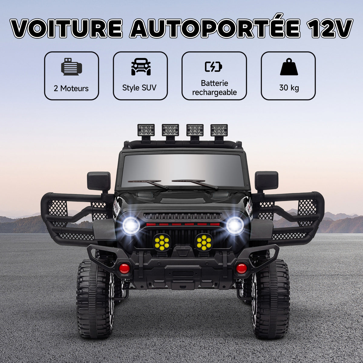 Voiture électrique enfants UTV avec télécommande 2,4G, 2 moteurs 12 V, musique, klaxon, lumières LED, 100x63x65cm, noir-3