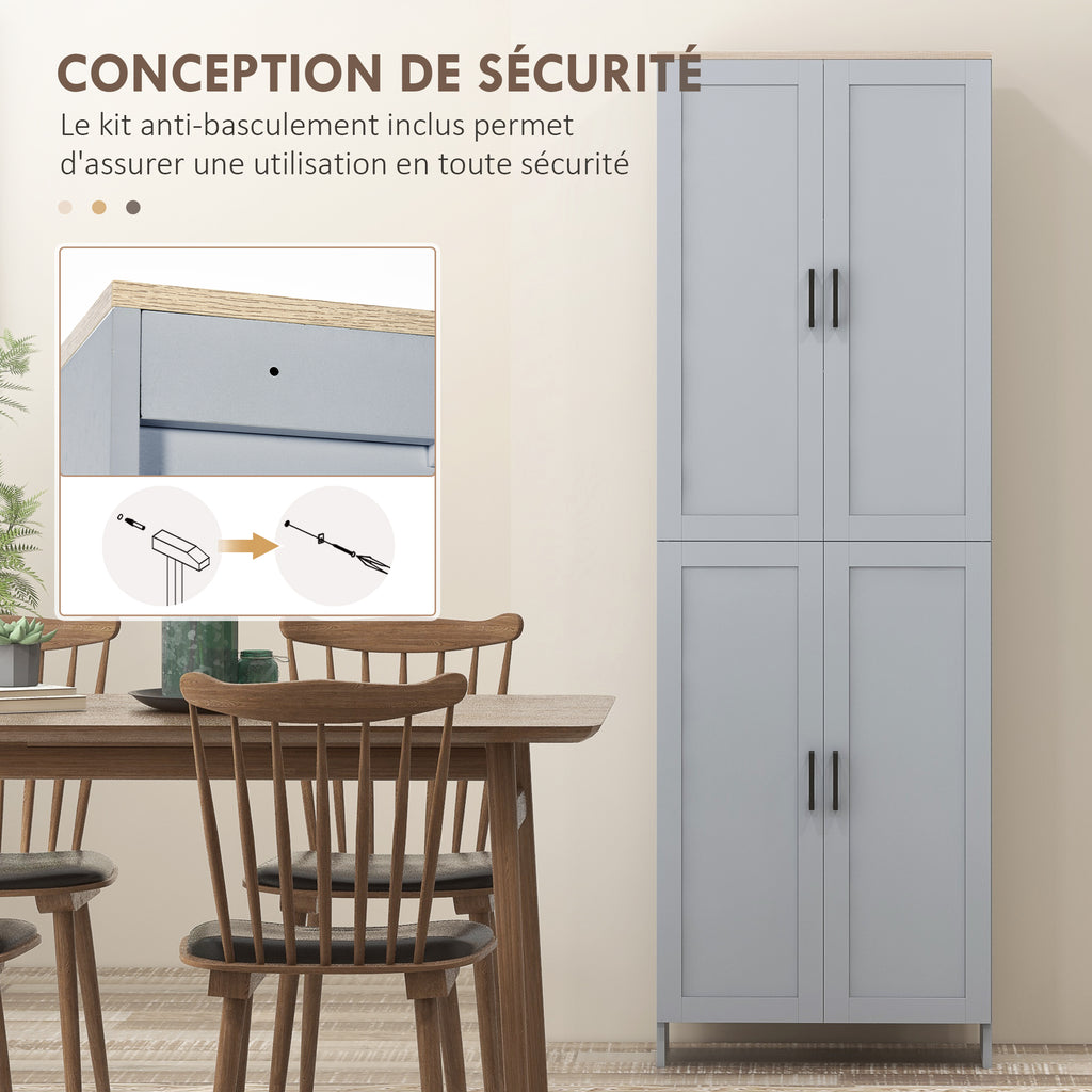 Armoire de cuisine hauteur 170 cm buffet haut avec 4 portes et étagères ajustable, design moderne, gris-5