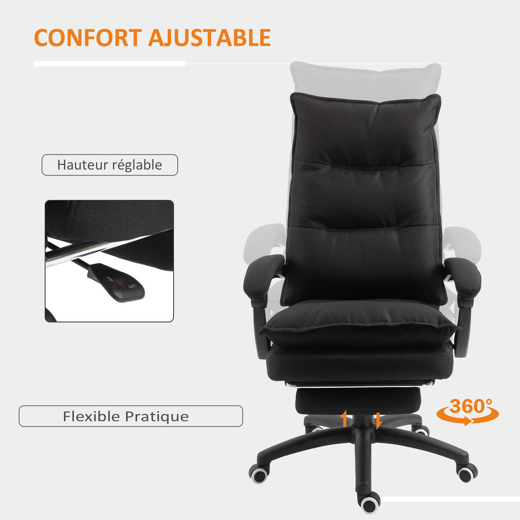 Fauteuil de bureau massant, chaise de bureau, chaise ergonomique avec hauteur réglable, dossier inclinable, repose-pied intégré et télécommande filaire, pivotant à 360°, toile de lin noir-5