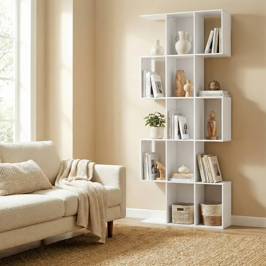 Bibliothèque à 5 niveaux, étagère de rangement en forme S avec 15 compartiments ouverts, 80 x 24 x 200 cm, blanc-8