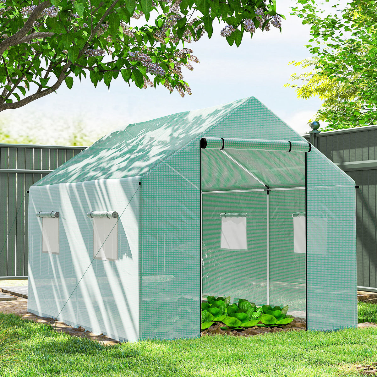 Serre de jardin tunnel 2 x 3m, 6m² avec porte enroulable, 4 fenêtres, - Acier galvanisé PE Haute densité Vert-1