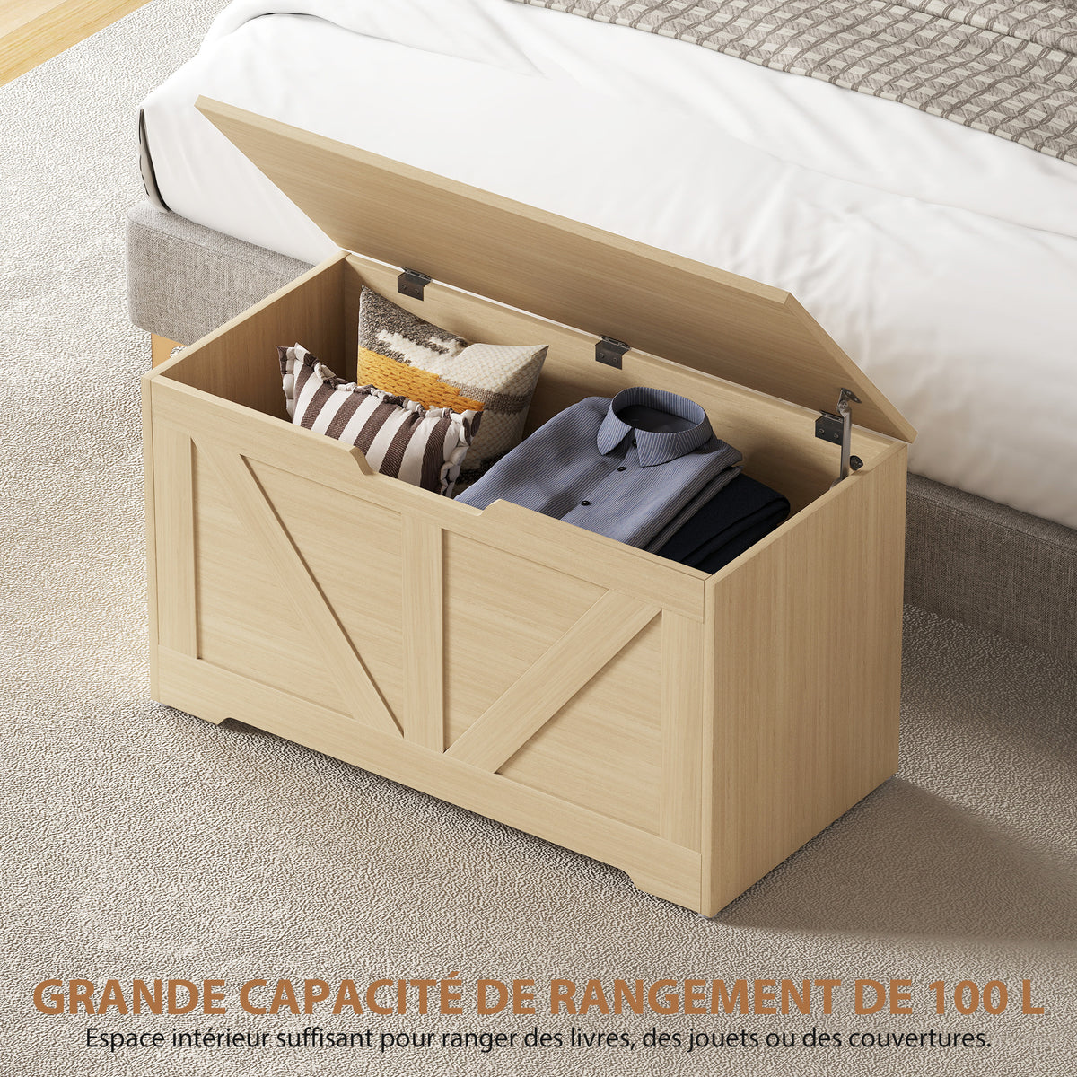 Coffre de rangement, banc de rangement avec couvercle rabattable et charnières de sécurité, 80 x 40 x 45 cm, bois naturel-3