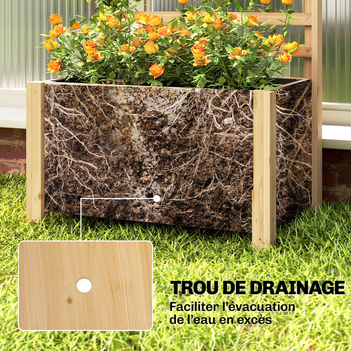 Jardinière avec treillis, bac à fleurs avec brise-vue, trou de drainage et doublure intérieure, 60 x 39 x 120 cm, bois naturel-5
