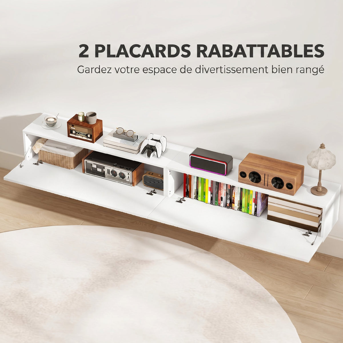 Meuble TV suspendu 180cm, meuble télé pour téléviseur 72 pouces, 2 portes rabattables, 180x25x22cm, blanc-4