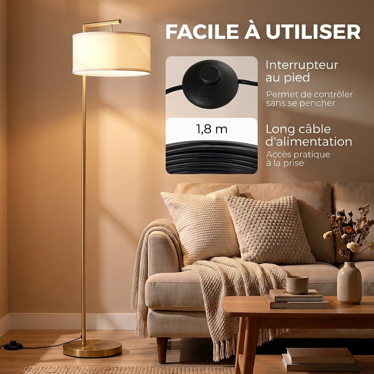 Lampadaire lampe à pied abat-jour en tissu de lin base ronde stable pour salle bureau or et blanc-4