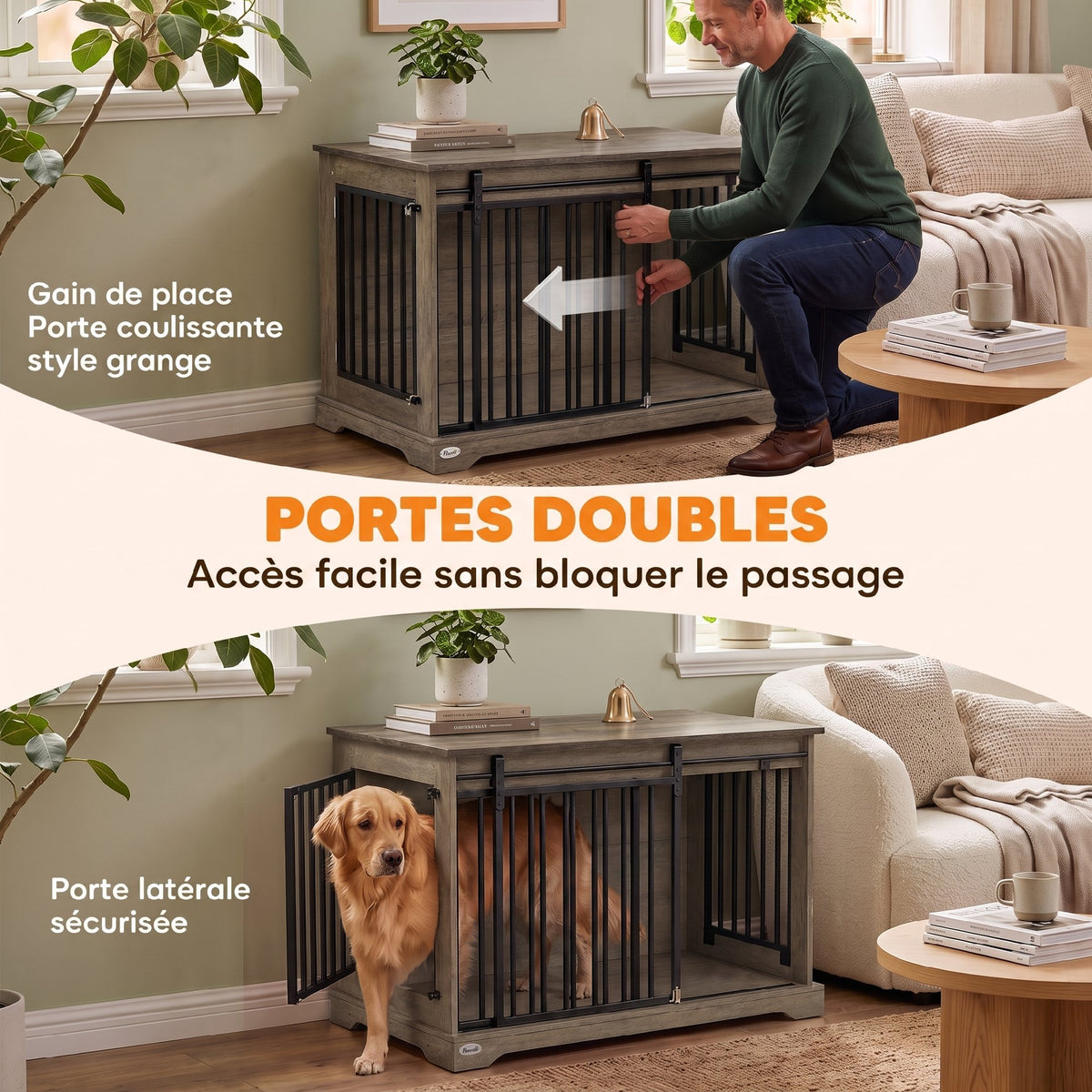 Cage pour Chien en Bois et Acier avec Porte Coulissante, Table d'Appoint, Niche Moderne, 100x60x68cm, Effet Bois Gris-4