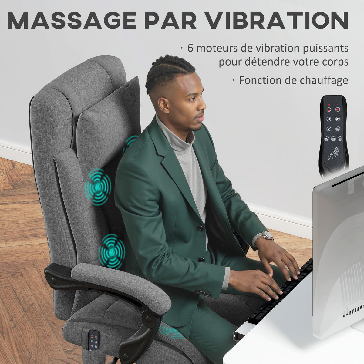 Chaise de bureau de massage chauffante réglable en hauteur de 116-124 cm ergonomique inclinable tissu effet lin, gris-3