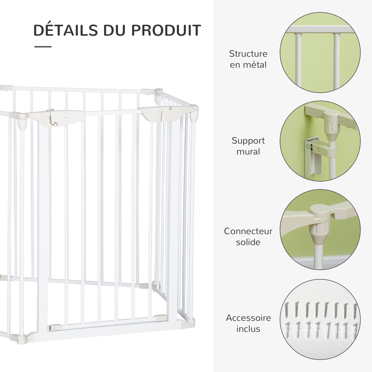 Barrière de sécurité parc enclos chien modulable pliable porte intégrée 300L max. x 74,5H cm métal PP blanc-6