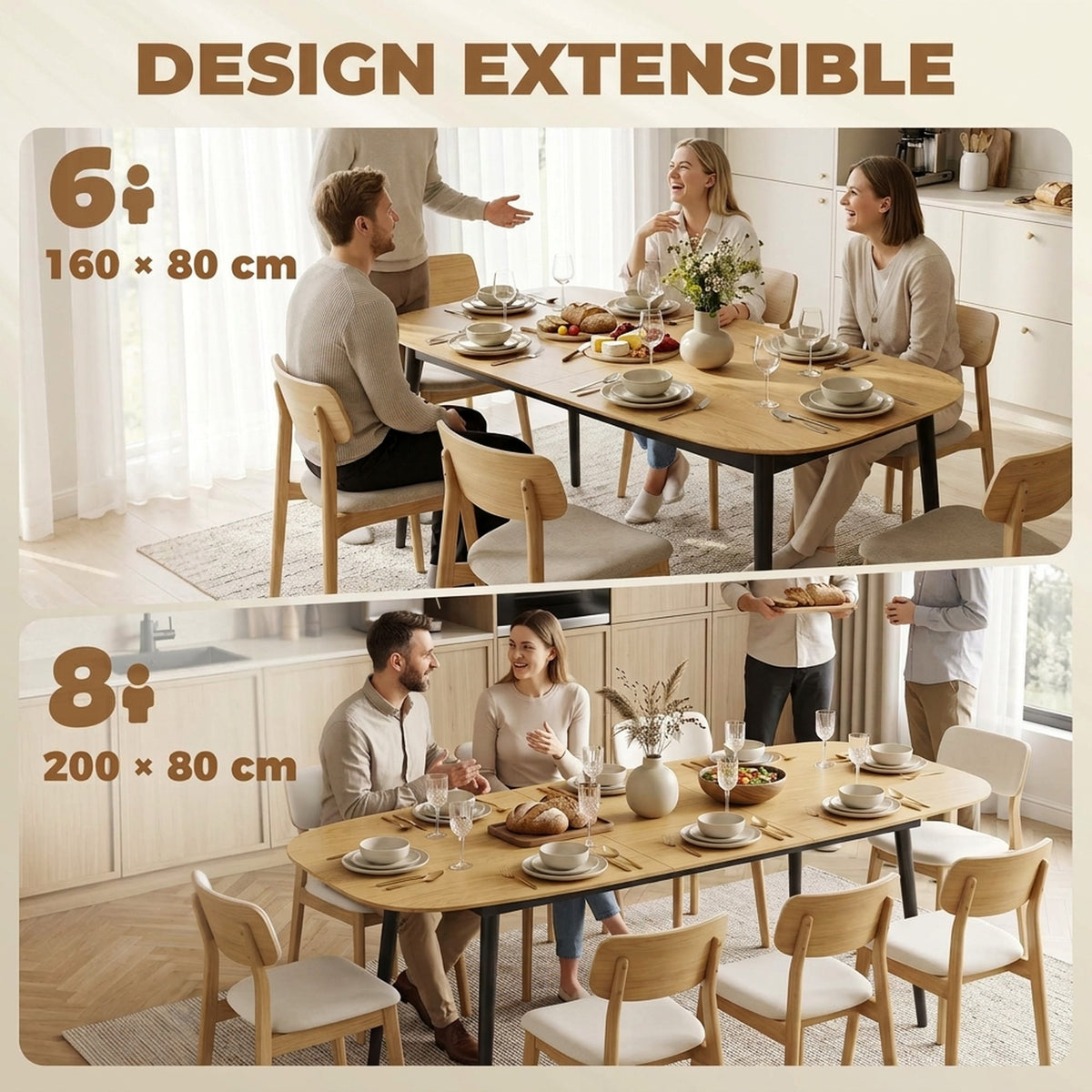 Table à Manger Extensible Rectangle pour 6 à 8 Personnes, Table de Cuisine 160-200 cm avec Étagère, Marron-3