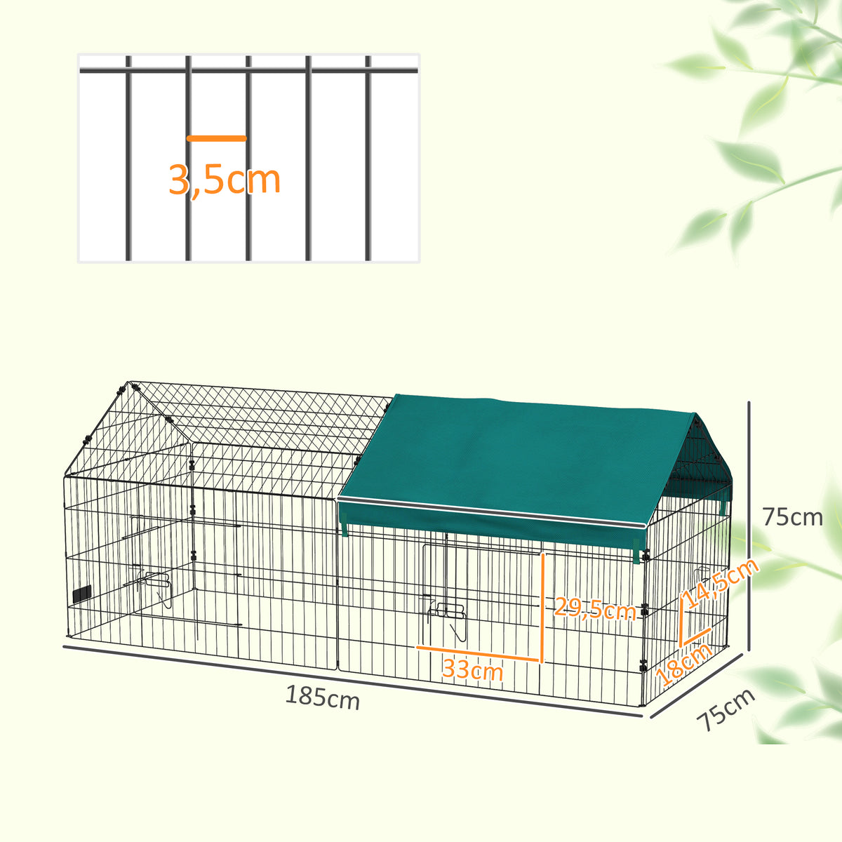 Parc enclos cage lapin extérieur structure acier avec protection solaire et portes verrouillables 185 x 75 x 75 cm vert-2