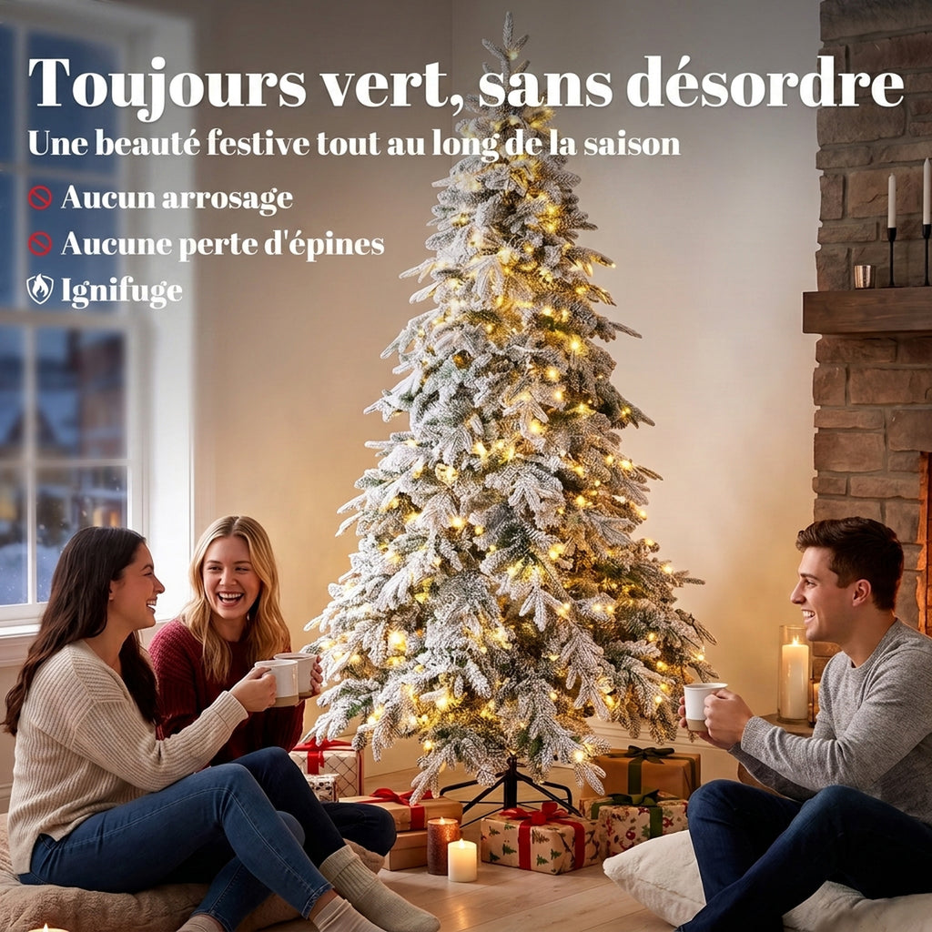 Sapin de Noël Artificiel 180 cm Arbre de Noël Lumineux Enneigé, Branches Articulées, Lumière 350 LEDs, Vert et Blanc-3