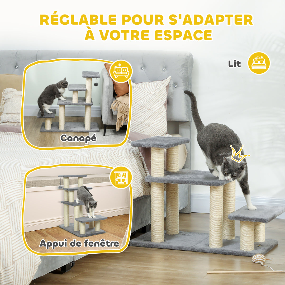 Escalier pour animaux domestiques réglable 3/4 marches échelle pour chat chien griffoirs sisal 70 x 32 x 68 cm gris-4