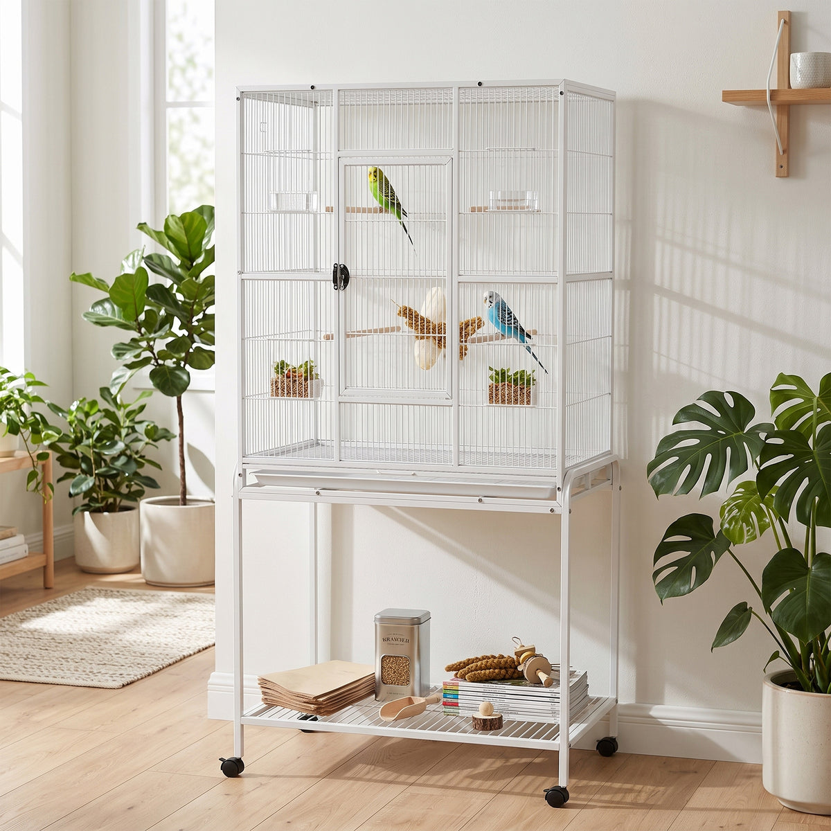 Cage à Oiseaux Portable avec 4 Mangeoires et 4 Perchoirs Pratique 81 x 48 x 162,5 cm Blanc-8